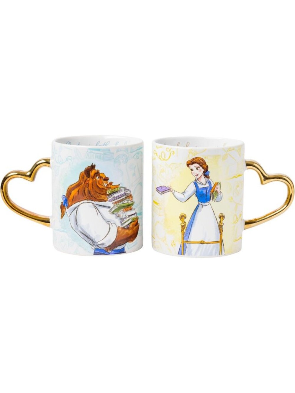 Beauty and the Beast Ceramic Mug Set - Gold Heart Handle, 14oz, 2 Pack